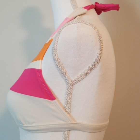 V neck tie neck bikini top. Pink white and orange - Picture 2 of 6